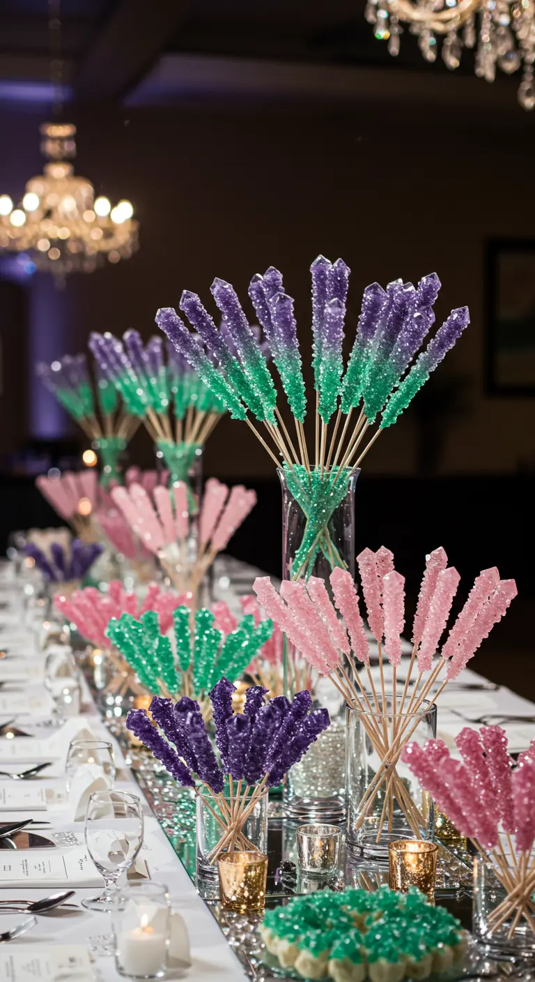 Glazen vazen gevuld met kleurrijke kandijstokjes als centerpieces op een lange dinertafel.