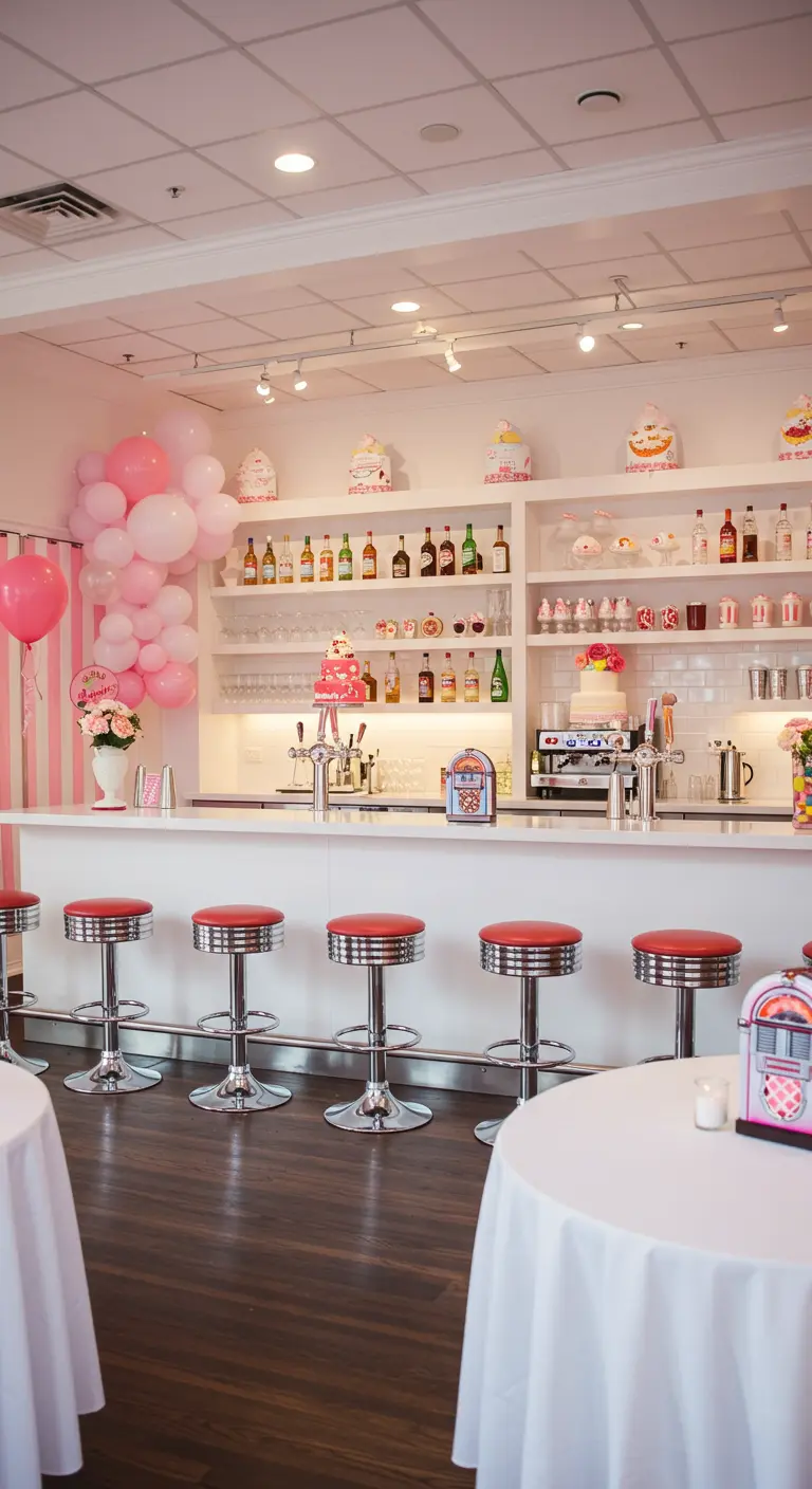 Witte bar met roze accenten, rode krukken en een ballonboog.