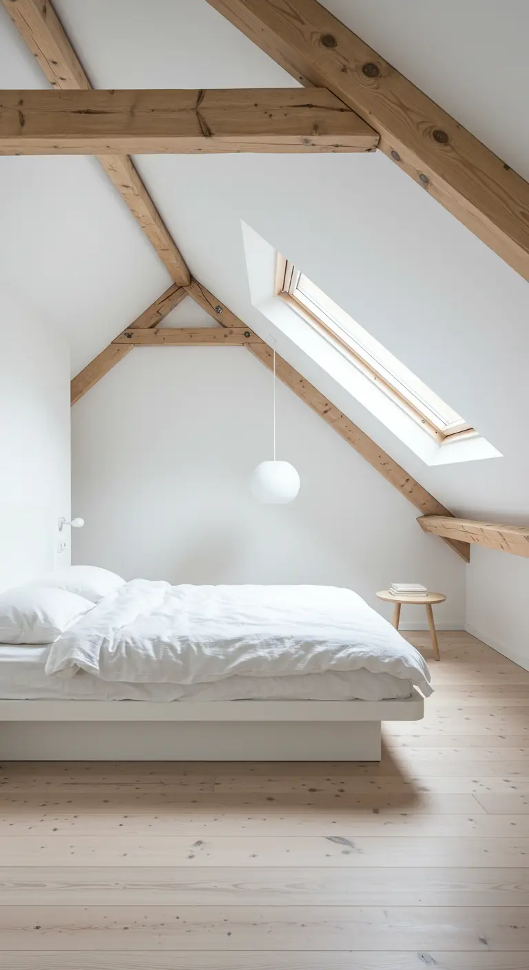 Zolder slaapkamer met witte muren, houten balken, laag bed, dakraam en ronde lamp.
