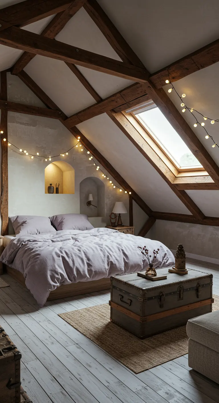 Rustieke zolderslaapkamer met zichtbare houten balken, slingerlichtjes, een dakraam, en een ingebouwde nis.