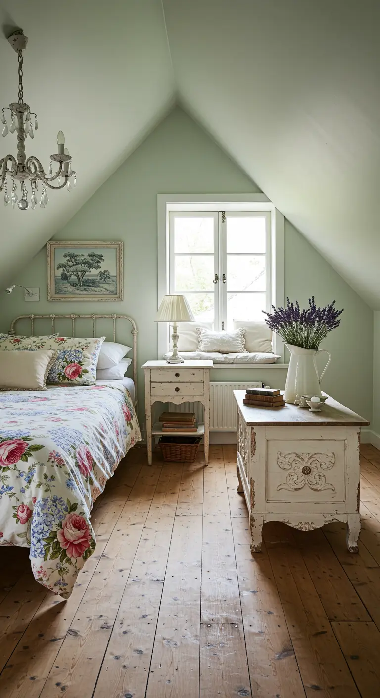 Landelijke zolderkamer met mintgroene muren, wit bed, bloemen dekbed, witgekalkte kist.