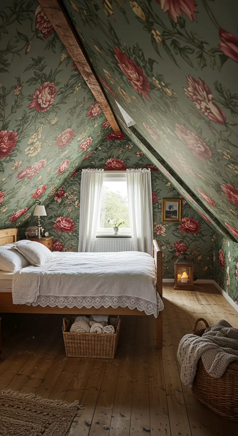 Zolderkamer met donkergroen bloemenbehang op schuine wanden, houten bed en rieten manden.