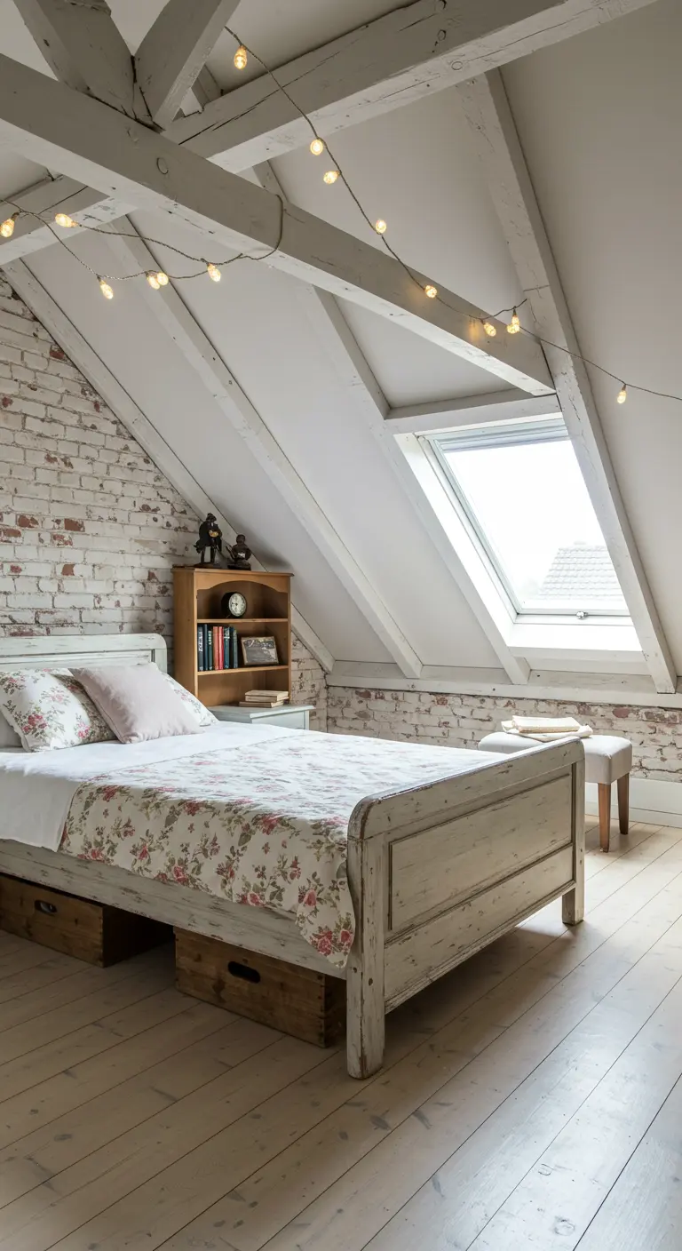 Zolderkamer met witgeschilderde baksteenmuur, houten bed met opslag en sfeerlicht.