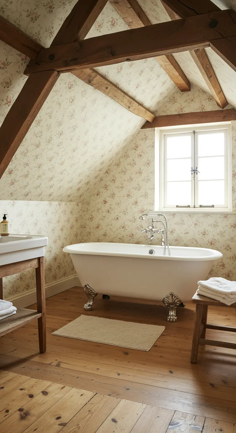 Zolderbadkamer met bloemenbehang, houten balken en een vrijstaand bad op pootjes.