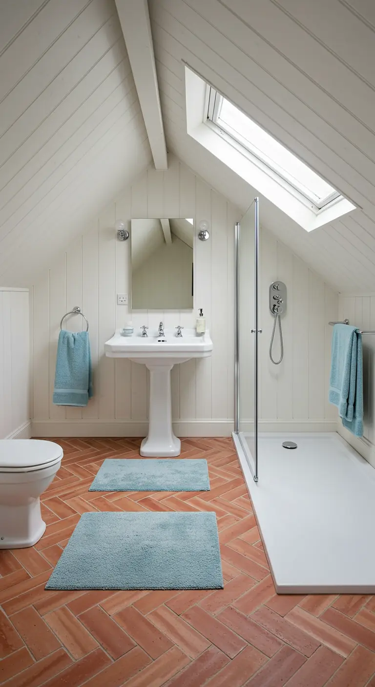 Zolderbadkamer met witte houten lambrisering, terracotta visgraatvloer en lichtblauwe matten.