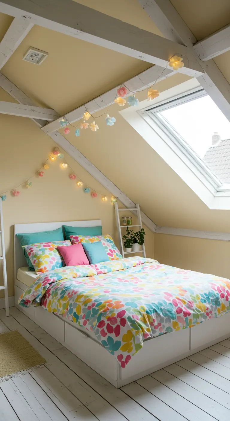 Gele zolderkamer met wit bed, kleurrijk bloemen dekbed en bloemige lichtslingers.