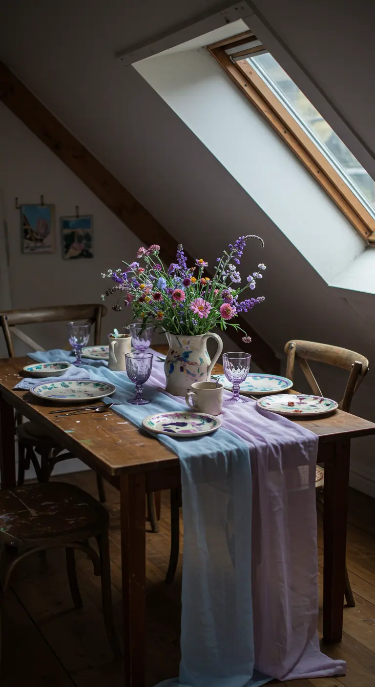Houten tafel onder een schuin dakraam met een veldboeket en een paars-blauwe tafelloper.