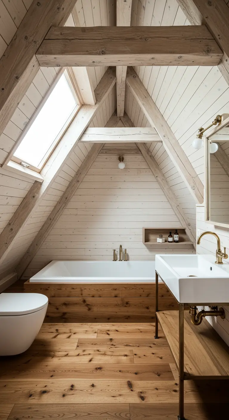 Zolderbadkamer met houten balken, houten vloer en een wit bad.