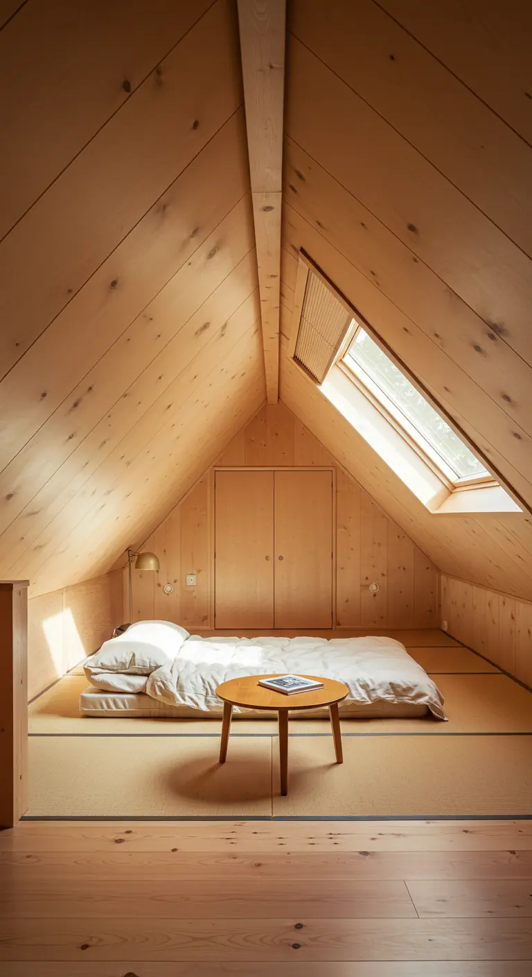 Knusse zolderslaapkamer volledig bekleed met licht hout, met een laag bed op tatami-matten onder een dakraam.