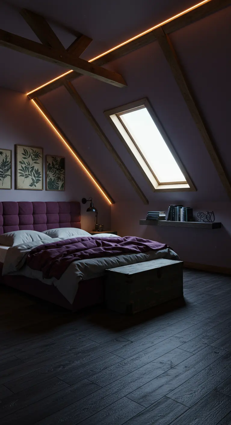 Zolderslaapkamer met schuin dak, paars fluwelen bed, houten balken en warme LED-stripverlichting.