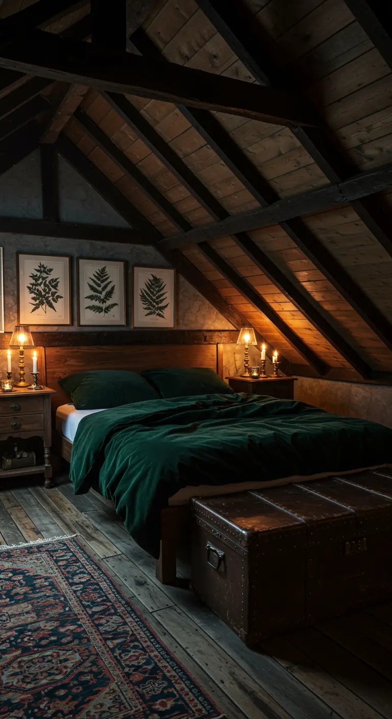 Zolder slaapkamer met houten balken, groen beddengoed, kaarsen en vintage koffer.