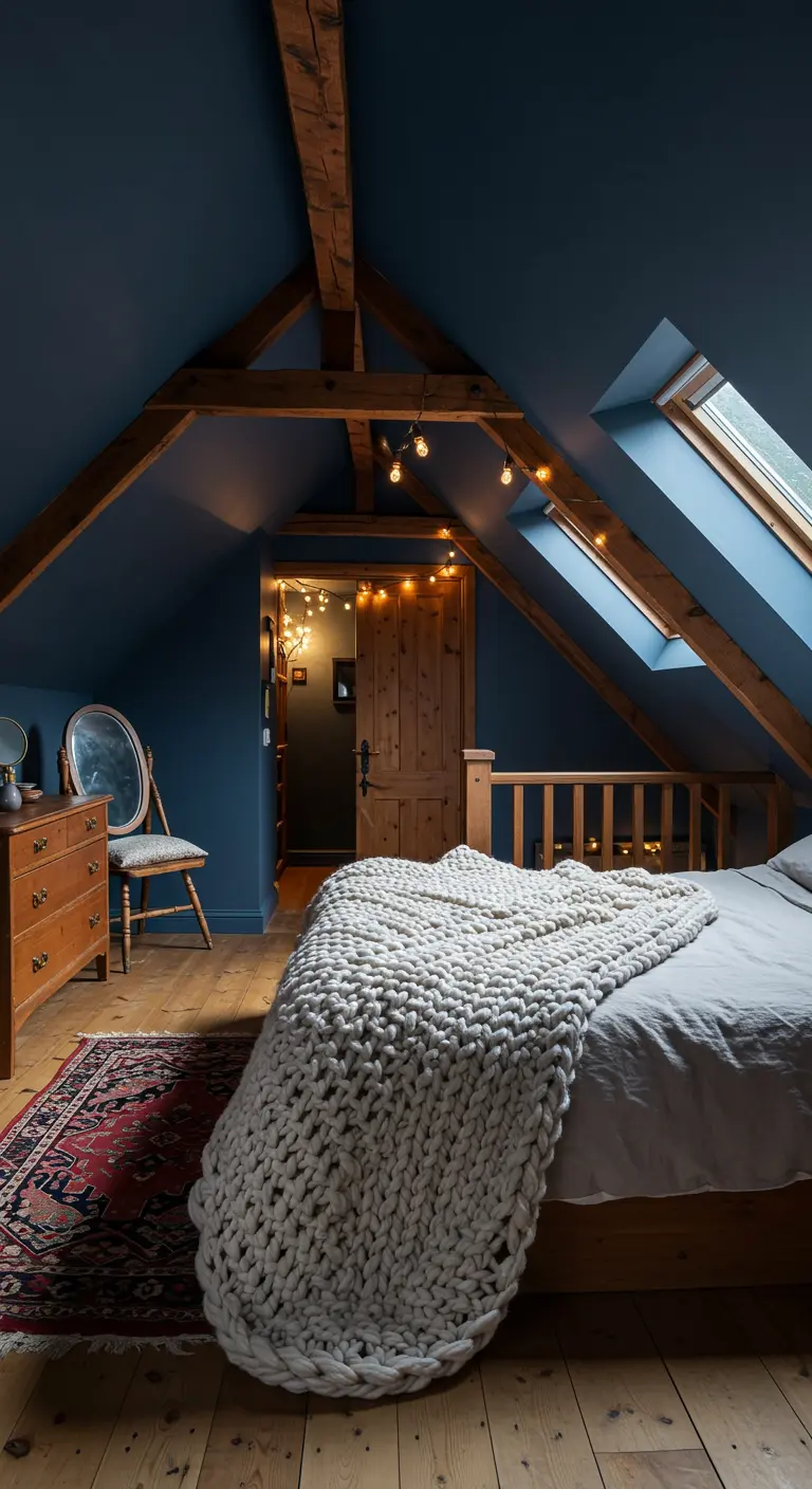 Gezellige zolderkamer met nachtblauwe muren, houten balken en een groot gebreid deken.