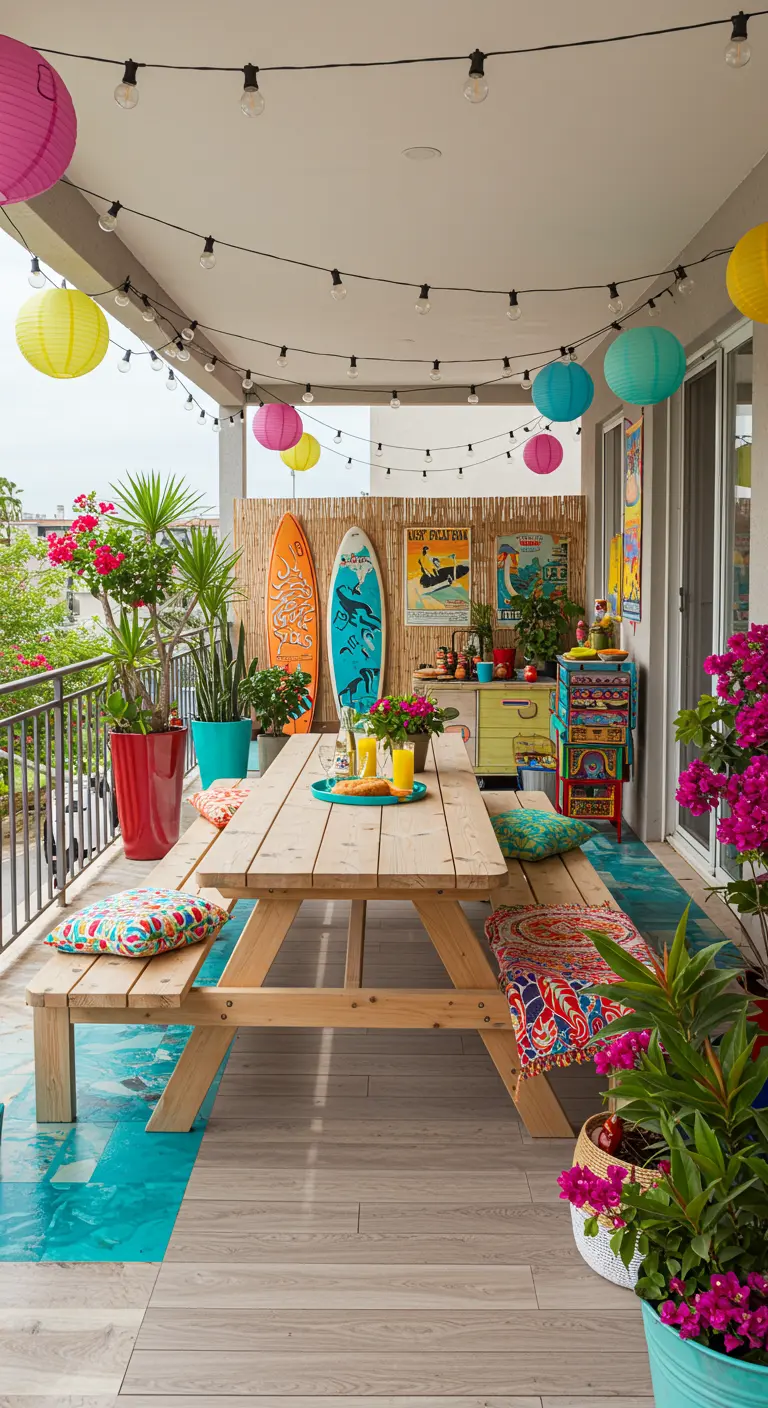 Balkon met picknicktafel, kleurrijke lampionnen, bamboe scherm, surfboards en posters.
