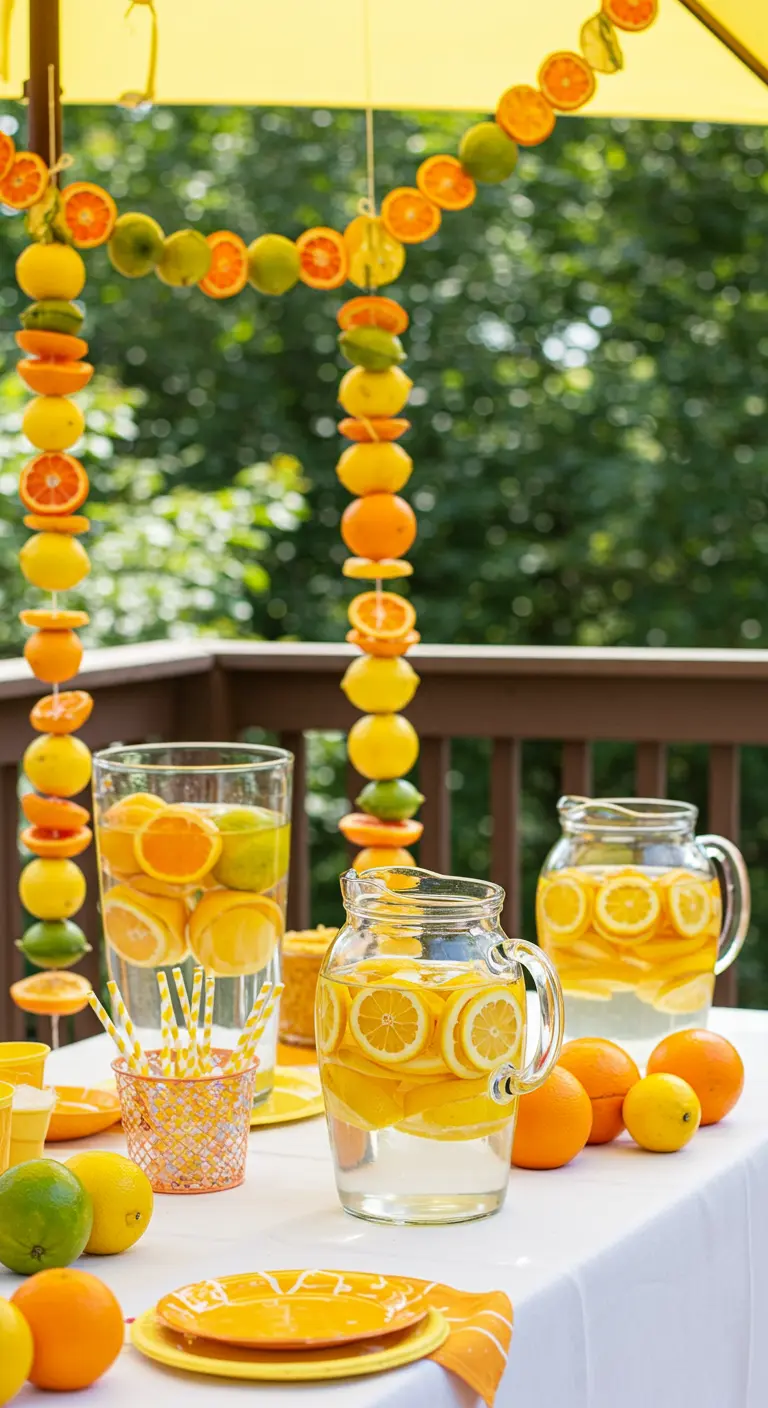 Tafel met kannen water en hangende slingers van citrusschijfjes.