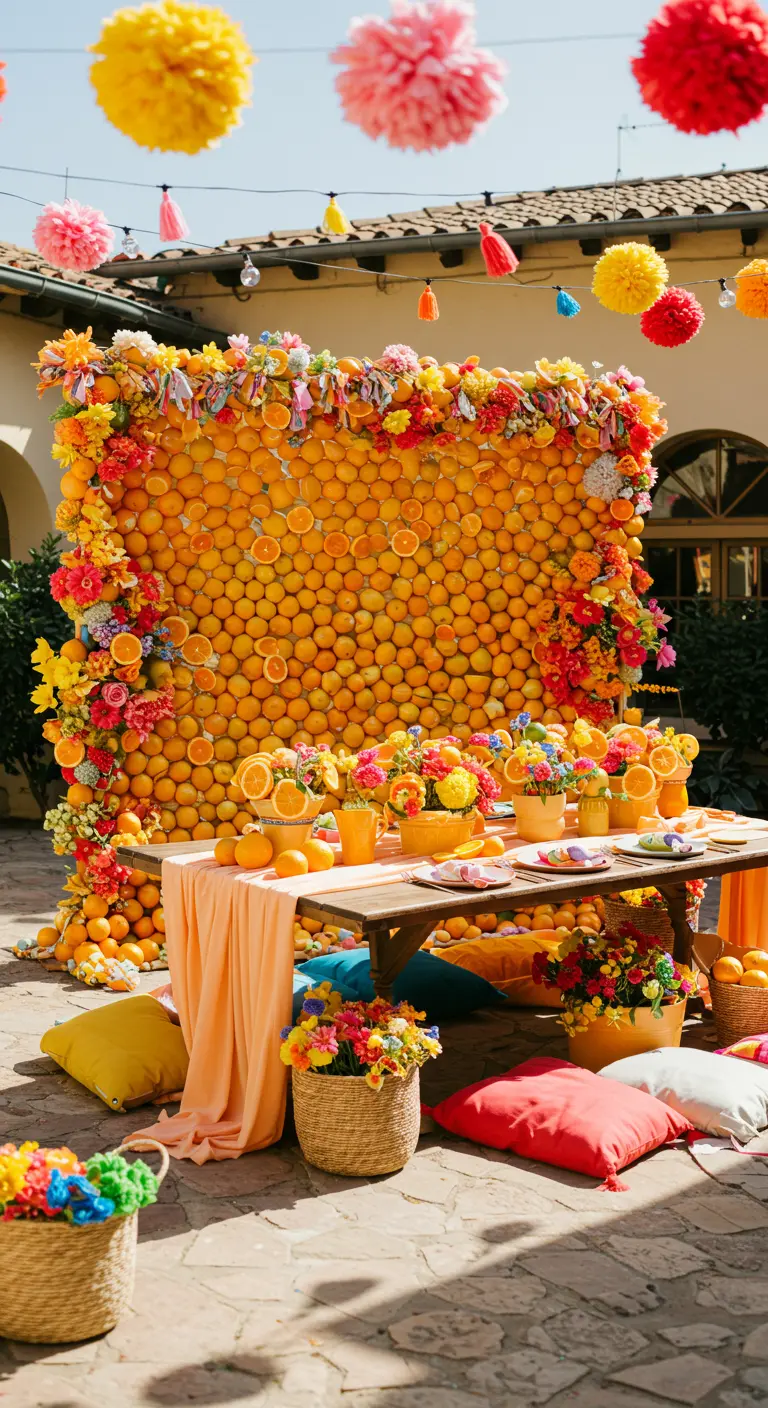 Feestelijke decoratie met een sinaasappelmuur, kleurrijke bloemen en pom-poms.