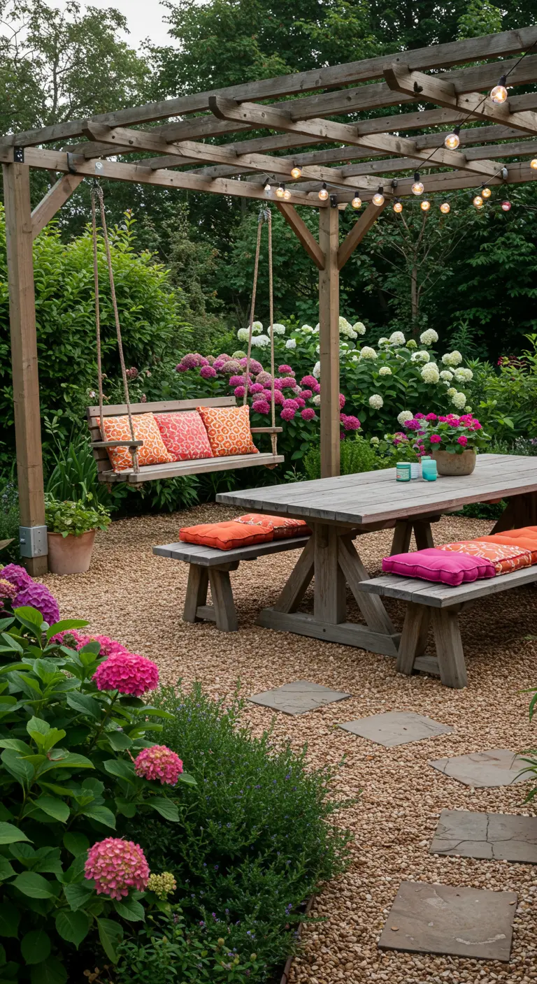 Houten pergola met schommelbank, picknicktafel, oranje kussens en lichtslinger op grindpad.