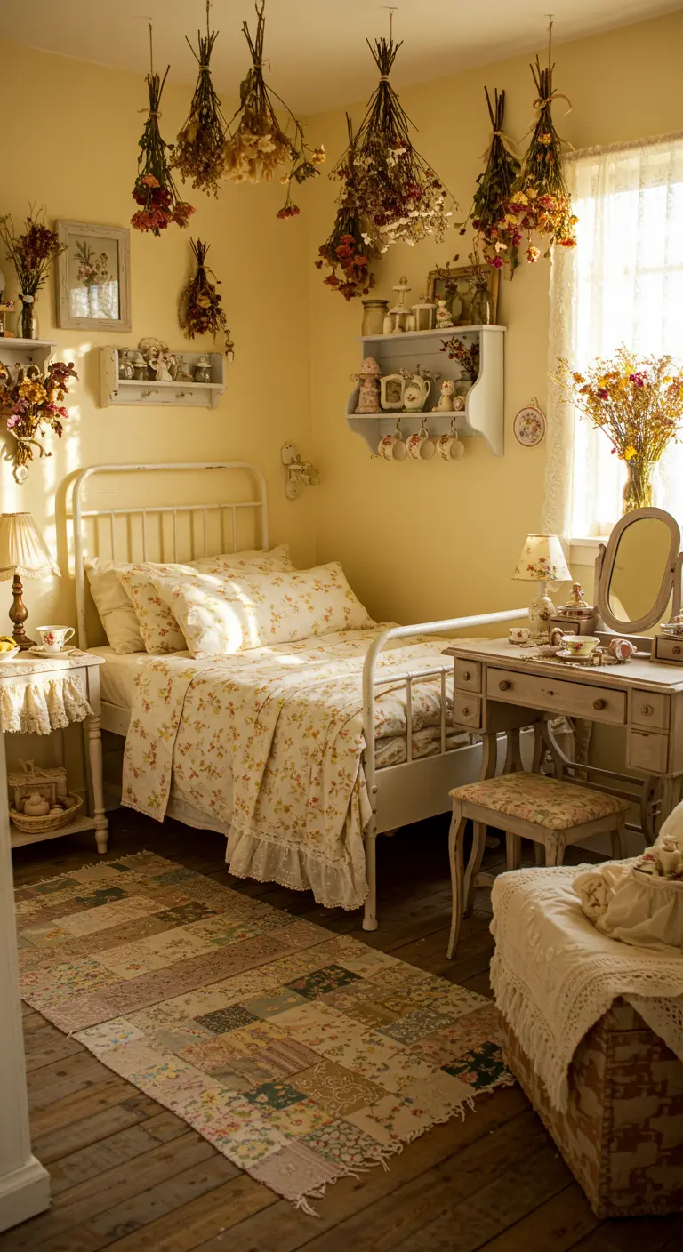Zonnige gele slaapkamer met droogbloemen, wit metalen bed en bloemenprints.