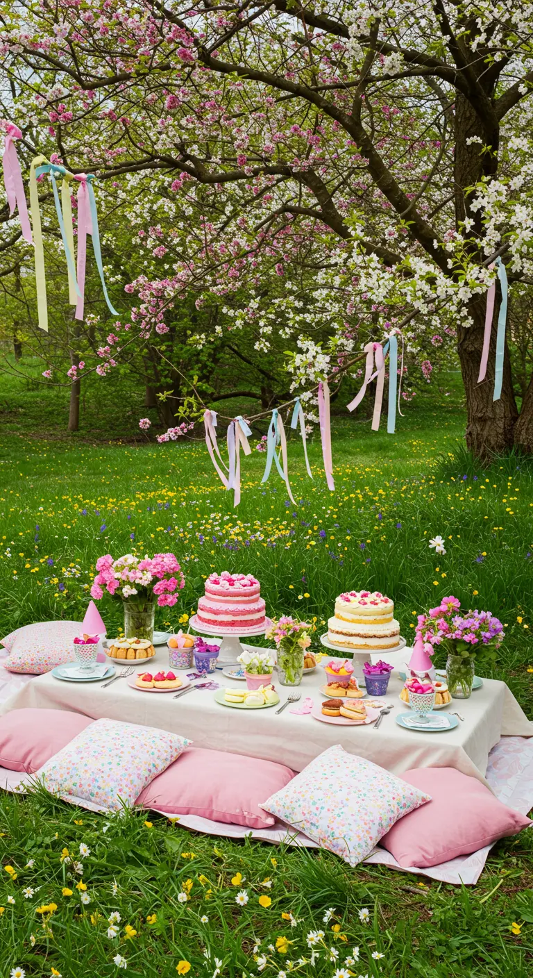 Picknick onder een bloesemboom met roze kussens en pastelkleurige linten.