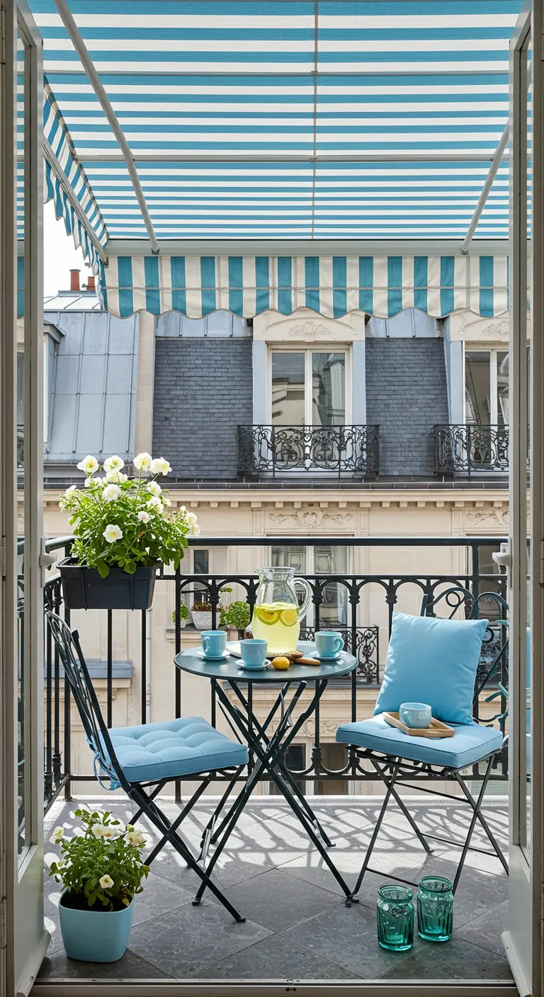 Balkon met blauw-wit gestreept zonnescherm, zwarte bistrosset en blauwe accenten.