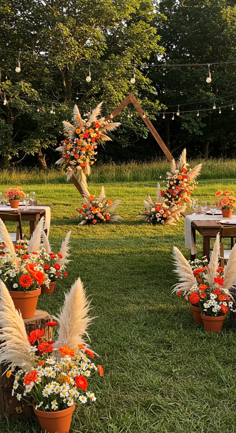 Buitenbruiloft decoratie met oranje en witte bloemen, pampasgras en houten boog.