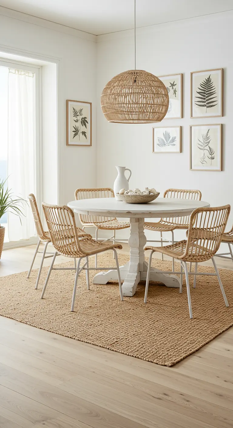 Lichte eetkamer met rieten stoelen, witte ronde tafel, rieten hanglamp en rond jute vloerkleed.