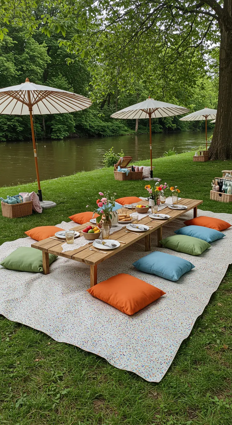 Picknick aan het water met een lage houten tafel, gekleurde kussens en parasols.