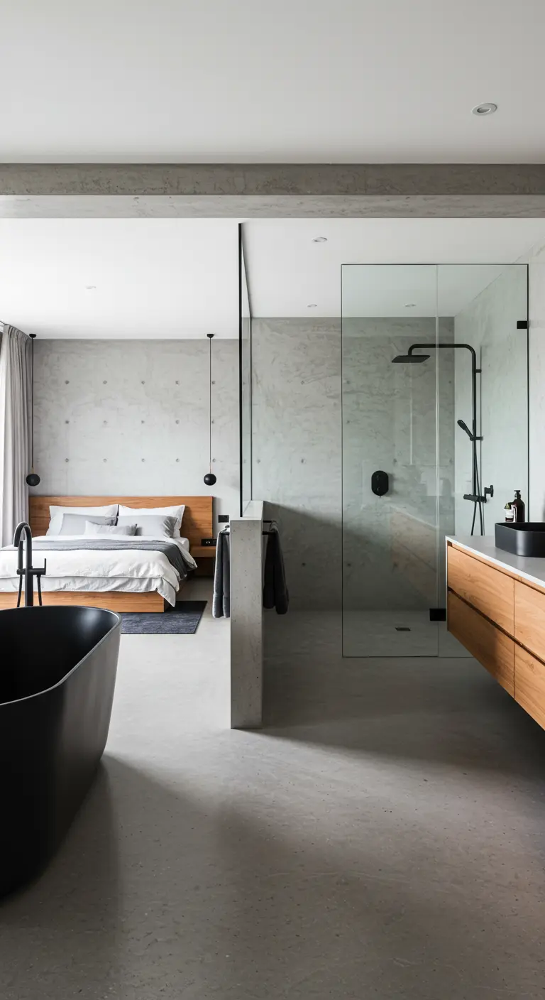 Open slaapkamer en badkamer, gescheiden door een lage betonnen muur en glazen douchewand.