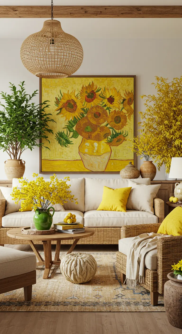 Vrolijke woonkamer met groot zonnebloemschilderij, rotan meubels en gele accenten
