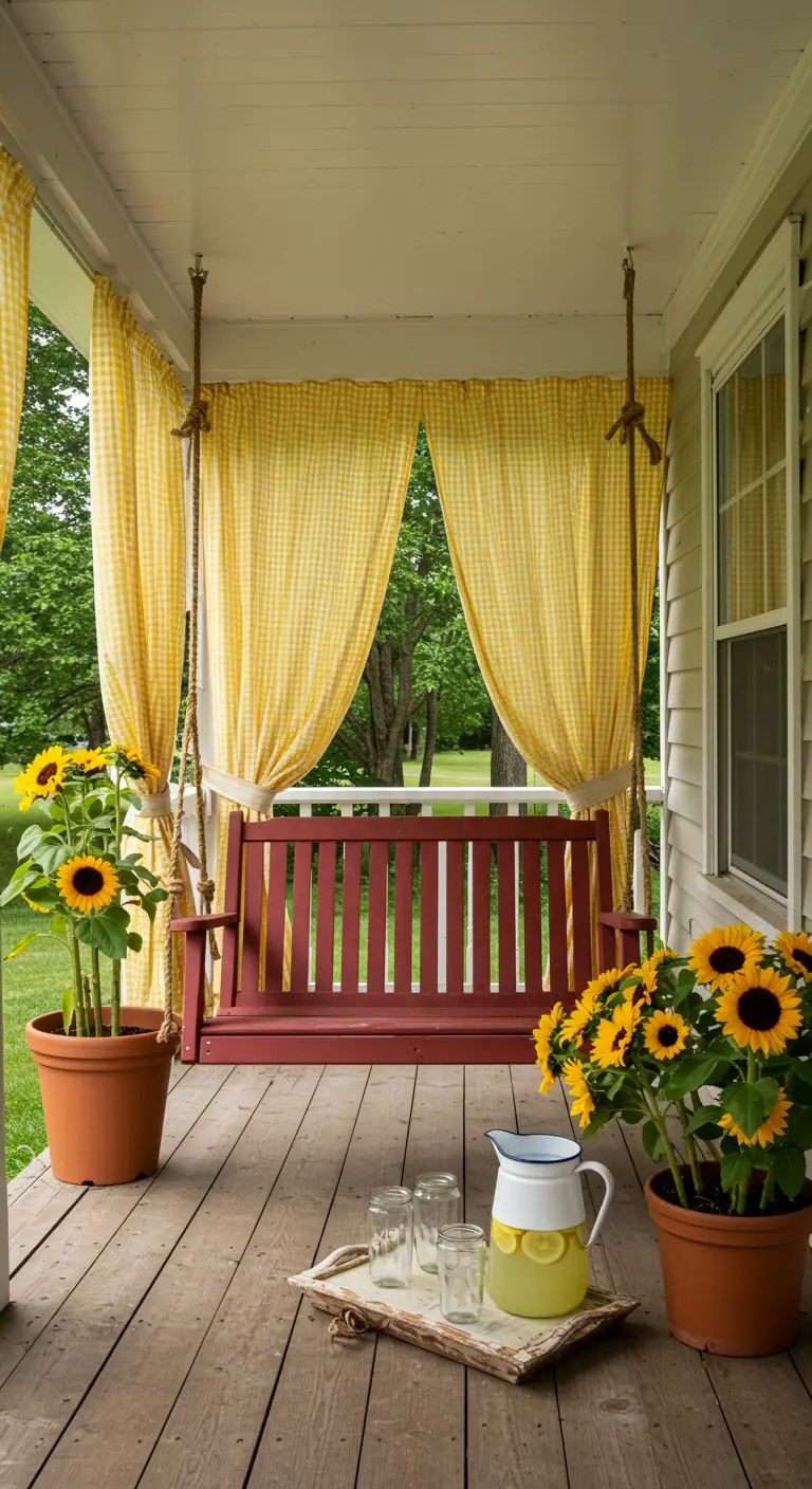 Rode schommelbank op een veranda met geel-witte ruitjesgordijnen en zonnebloemen.