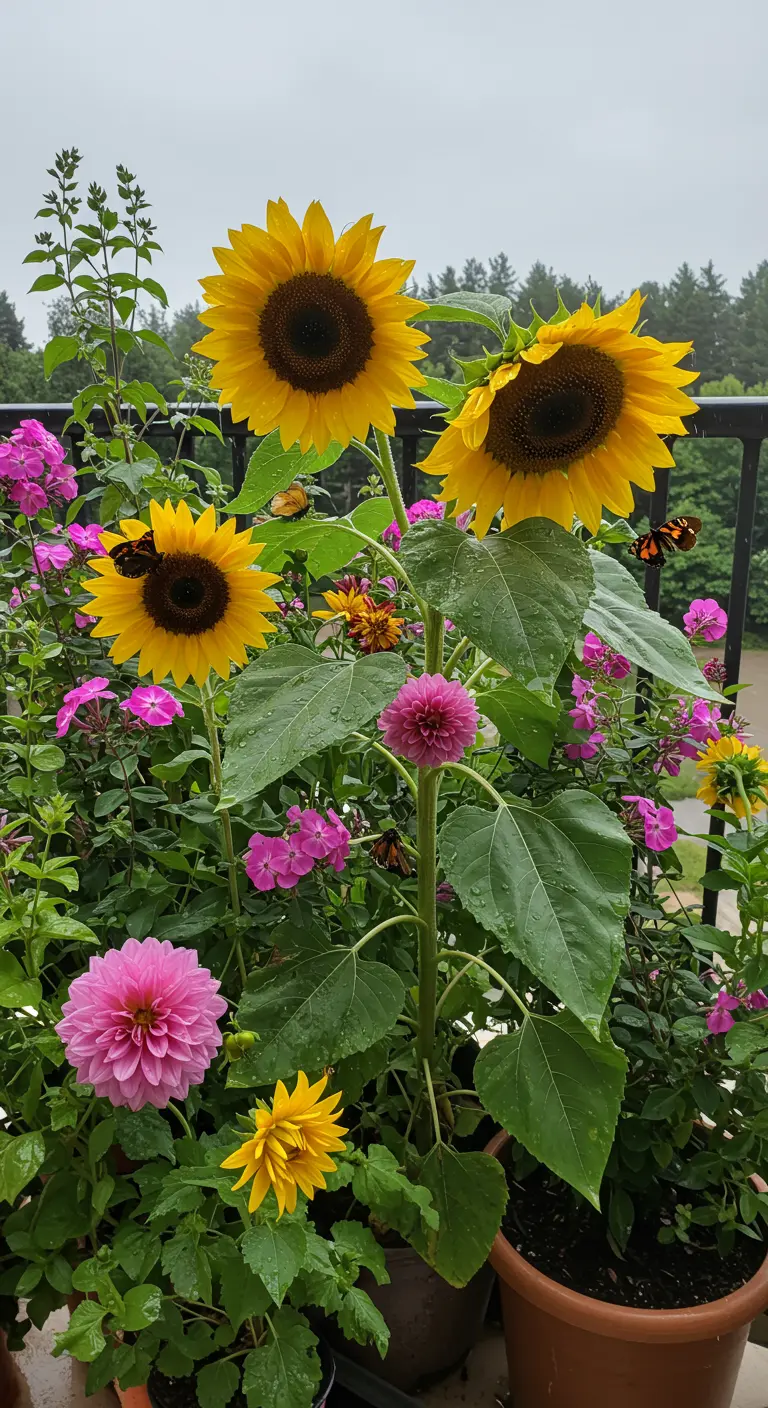Grote, gele zonnebloemen in een pot op een balkon, omringd door roze bloemen.