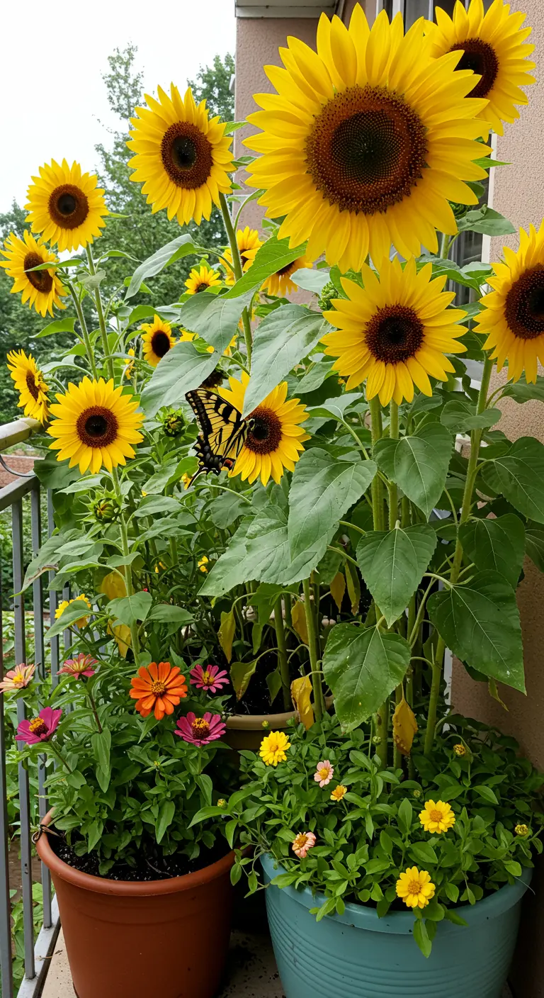 Zonnig balkon met potten vol zonnebloemen en kleurrijke Zinnia's, waar een vlinder op zit.