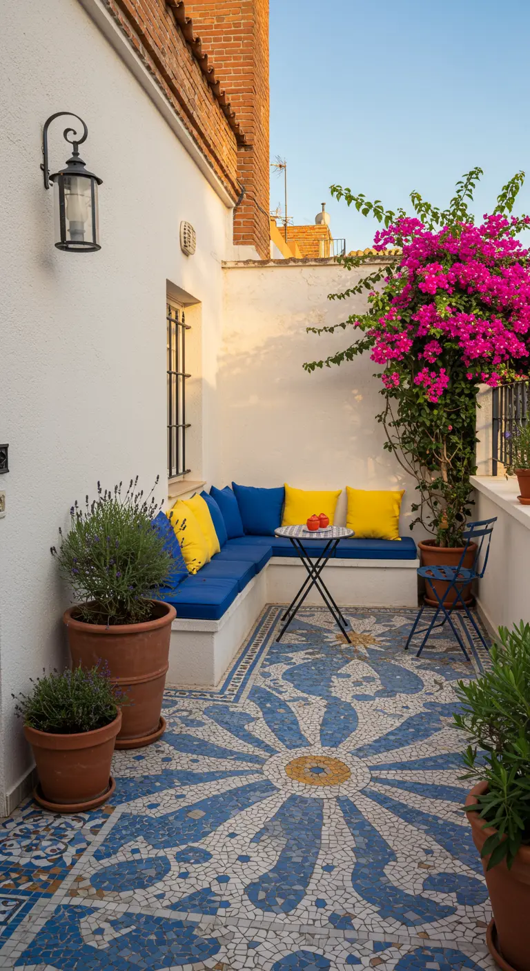 Witte patio met blauw-wit mozaïek, blauwe bank, gele kussens en bougainvillea.