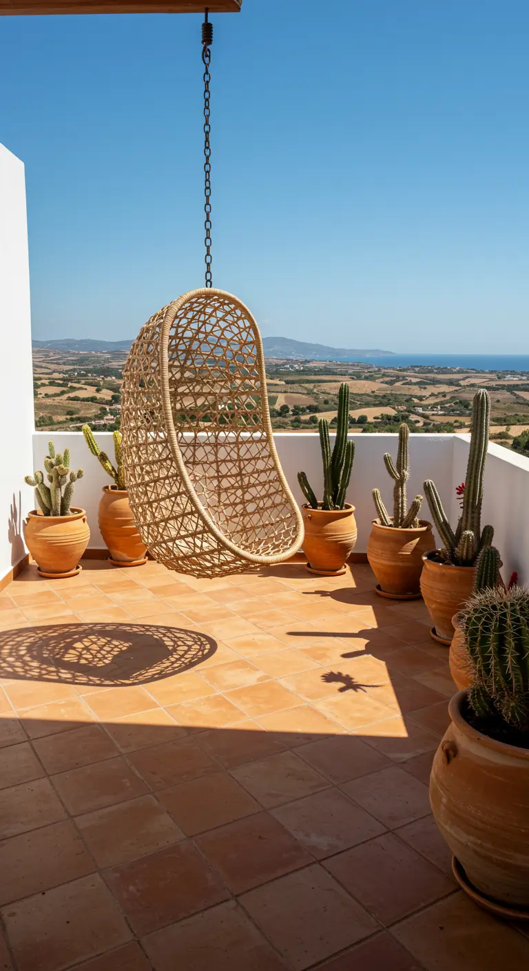 Rotan hangstoel op een terras met terracotta tegels, omringd door potten met cactussen.