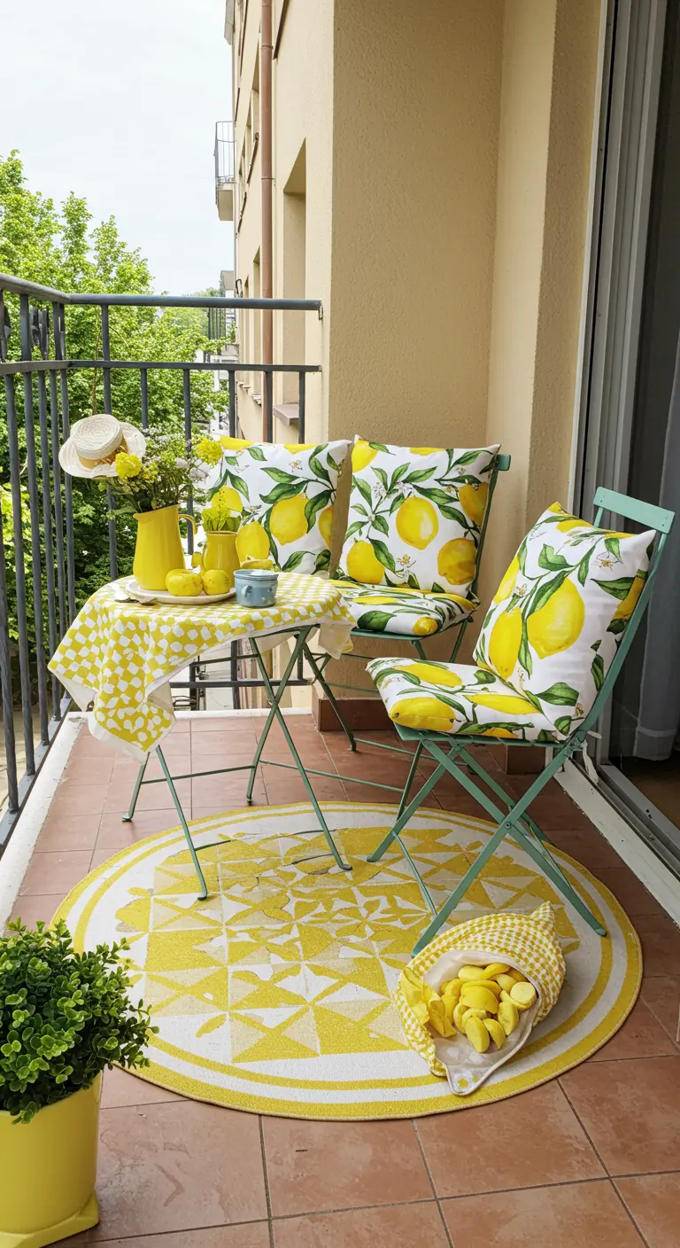 Zonnig balkon met een citroenthema, gele prints en een bistrotafeltje.
