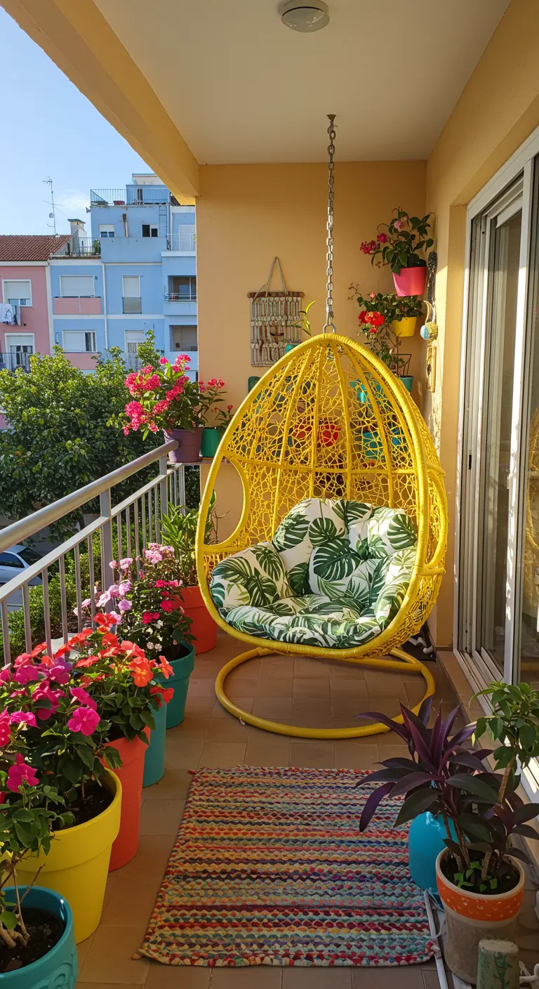 Felgele rotan hangstoel op een balkon vol met kleurrijke bloempotten en een vrolijk vloerkleed.