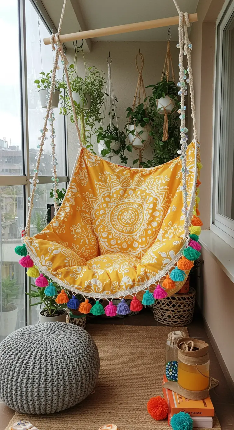 Gele hangstoel met mandala-patroon en kleurrijke pompons op een balkon.