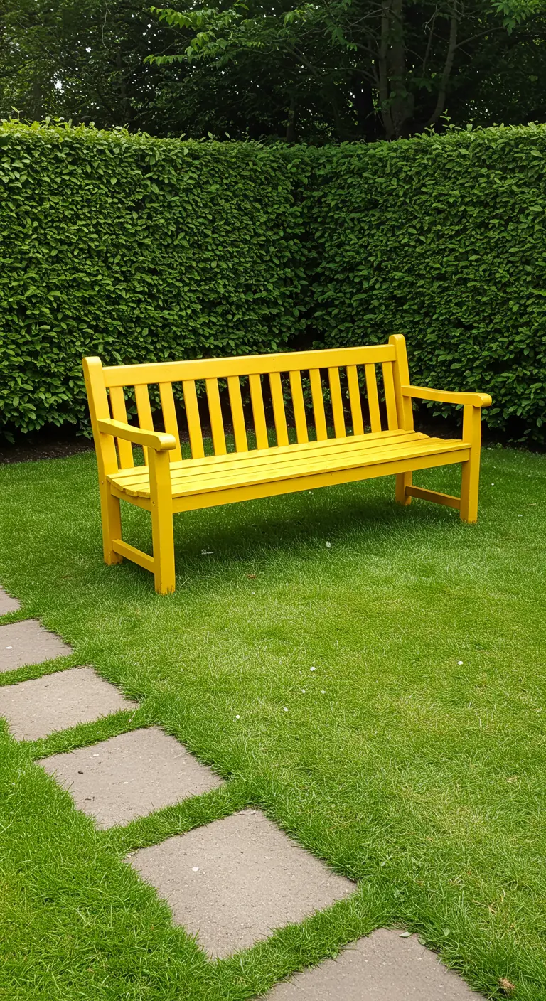 Felgeel geverfd houten tuinbankje op een groen gazon.