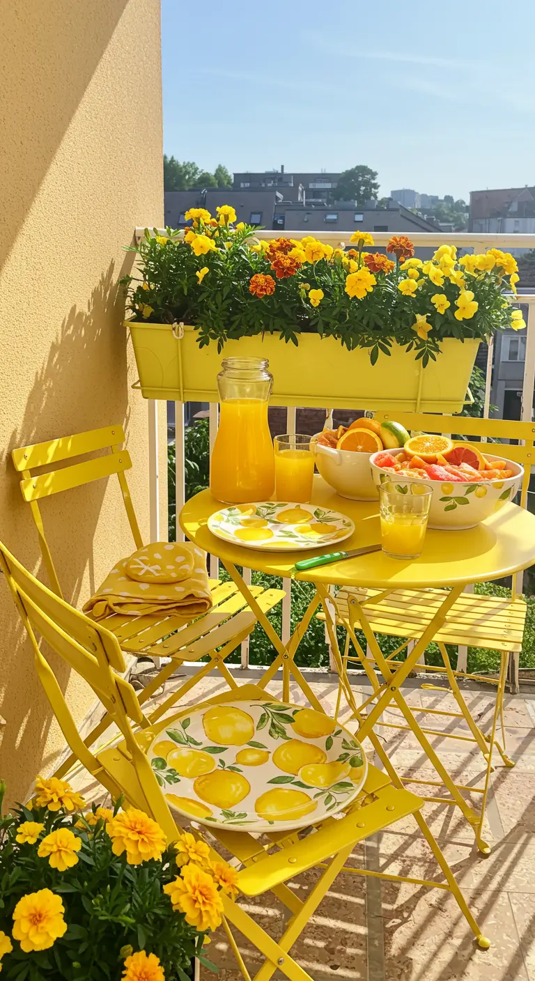 Knalgele bistroset op een balkon met gele bloemen en servies met citroenprint.