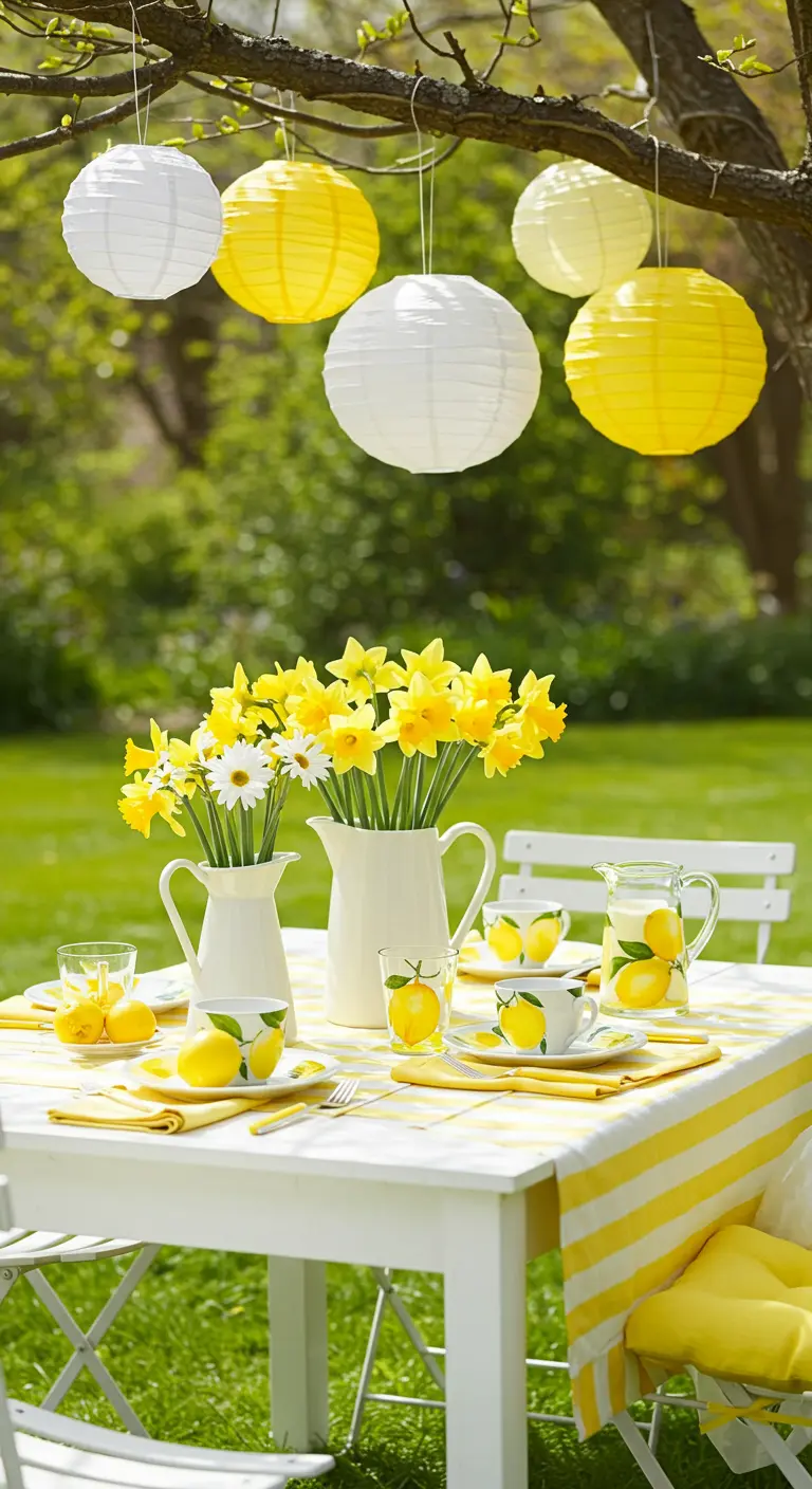 Witte tuintafel met geel-witte decoraties, narcissen en hangende lampionnen.