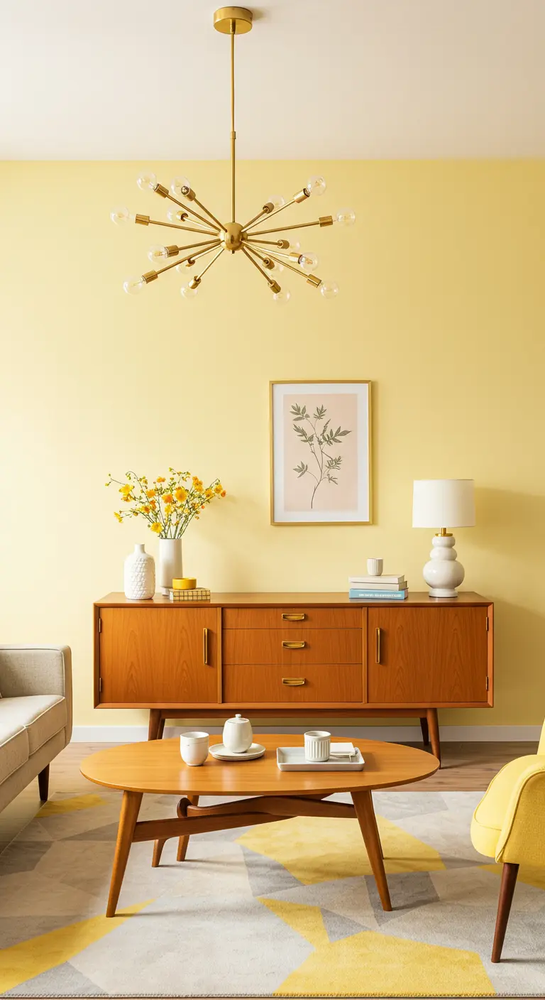 Mid-century woonkamer met zachtgele muren, houten dressoir en gouden lamp.