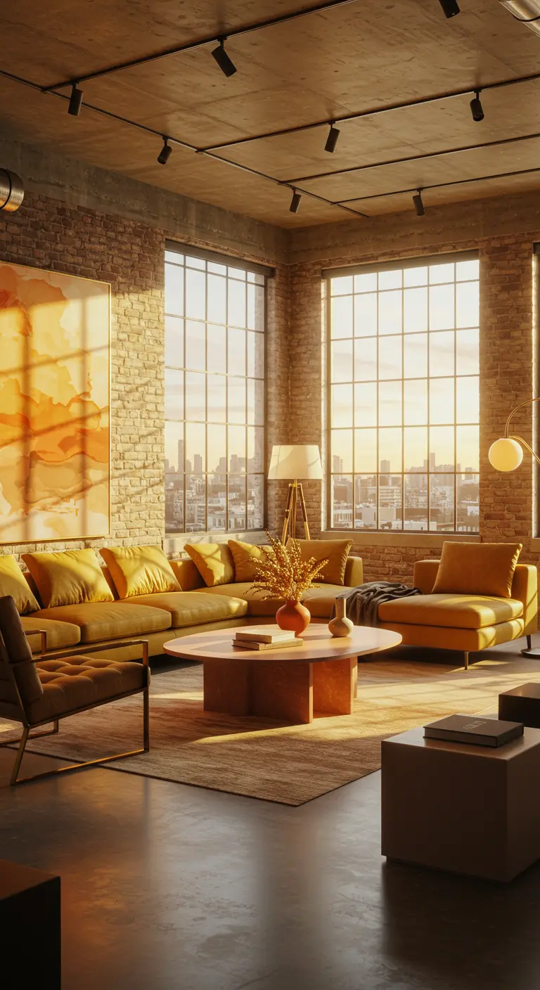 Industriële loft met gele bank en stoelen, bakstenen muur, grote ramen met stadszicht.