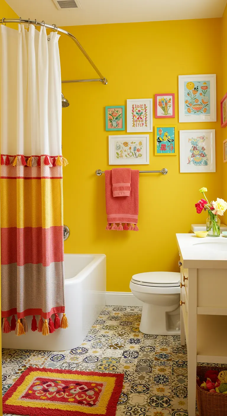 Gele badkamer met een kleurrijk douchegordijn en een galeriewand.