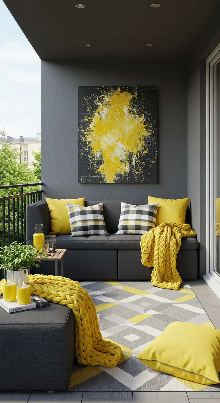 Grijs-geel balkon met donkere muur, abstract geel schilderij en gele textielaccessoires.