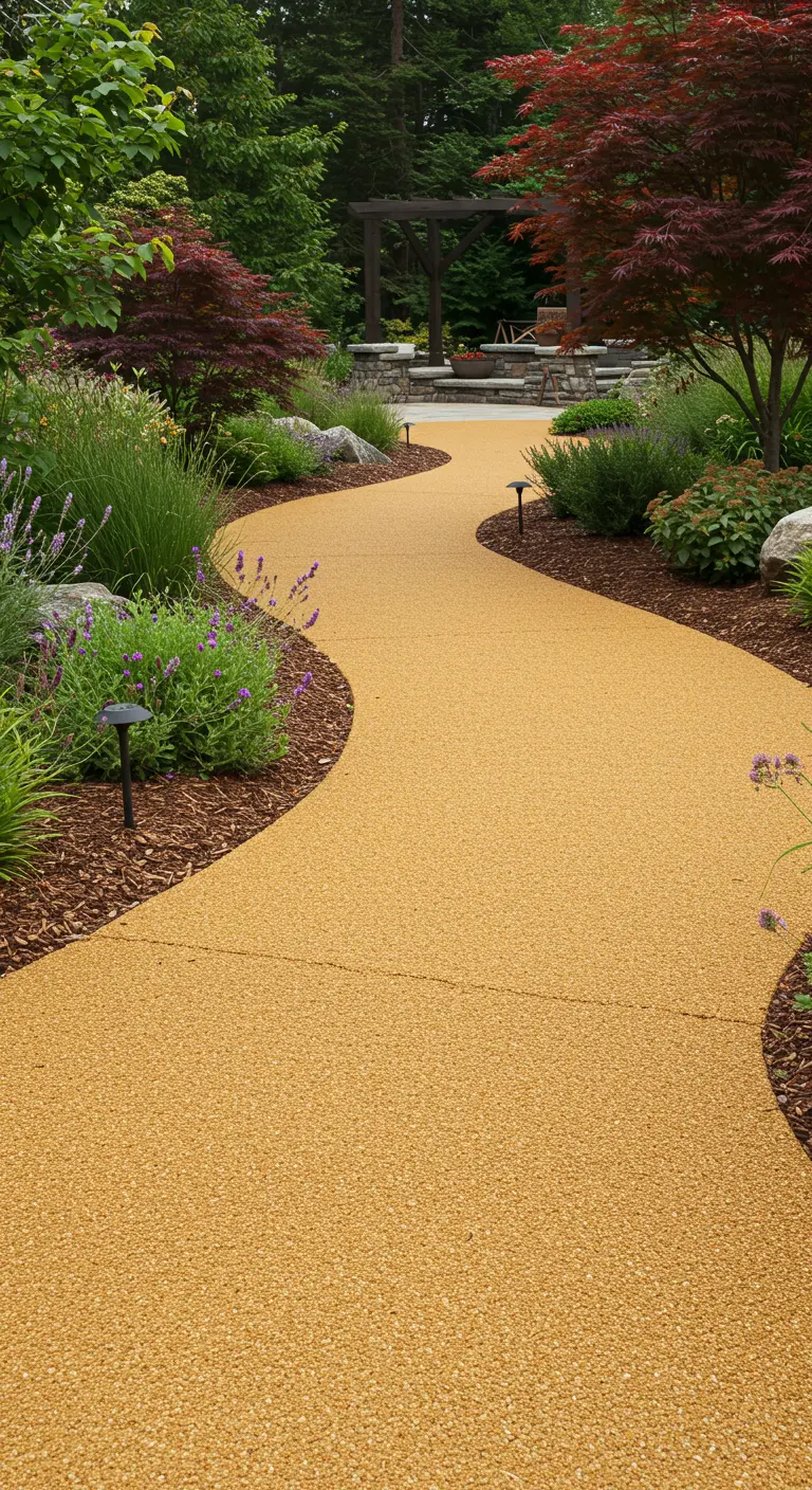 Een slingerend, naadloos pad van goudgeel grind in kunsthars, omringd door plantenborders.