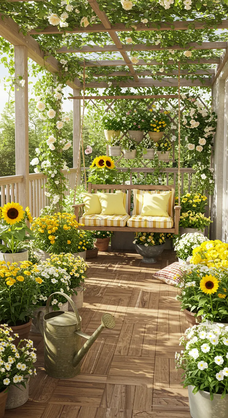 Pergola met houten schommelbank, omringd door gele en witte bloemen in potten.