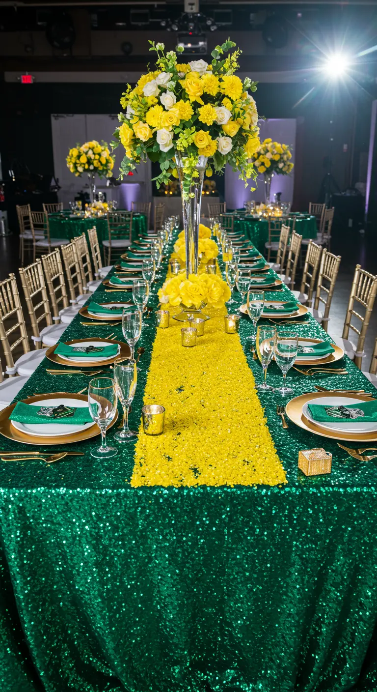 Tafel met groen paillettenkleed, een gele loper en gele rozen.