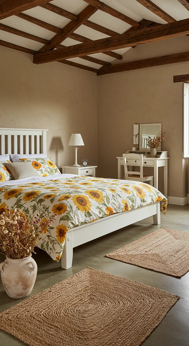 Slaapkamer met aarde-tinten, houten balken, zonnebloem beddengoed, en jute vloerkleden.