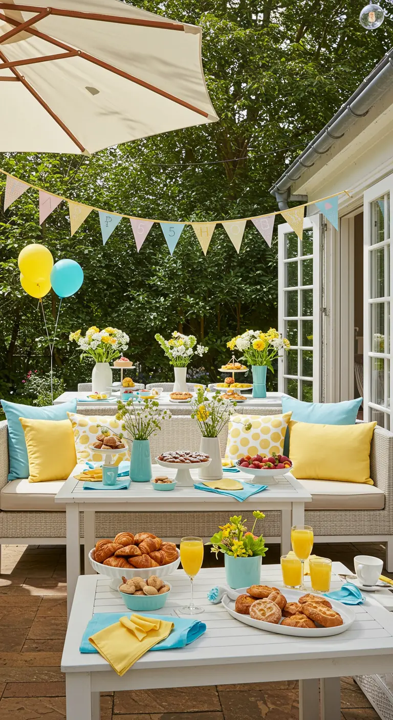 Terrasfeest met gele en blauwe decoraties, vlaggenlijn en brunchgerechten.
