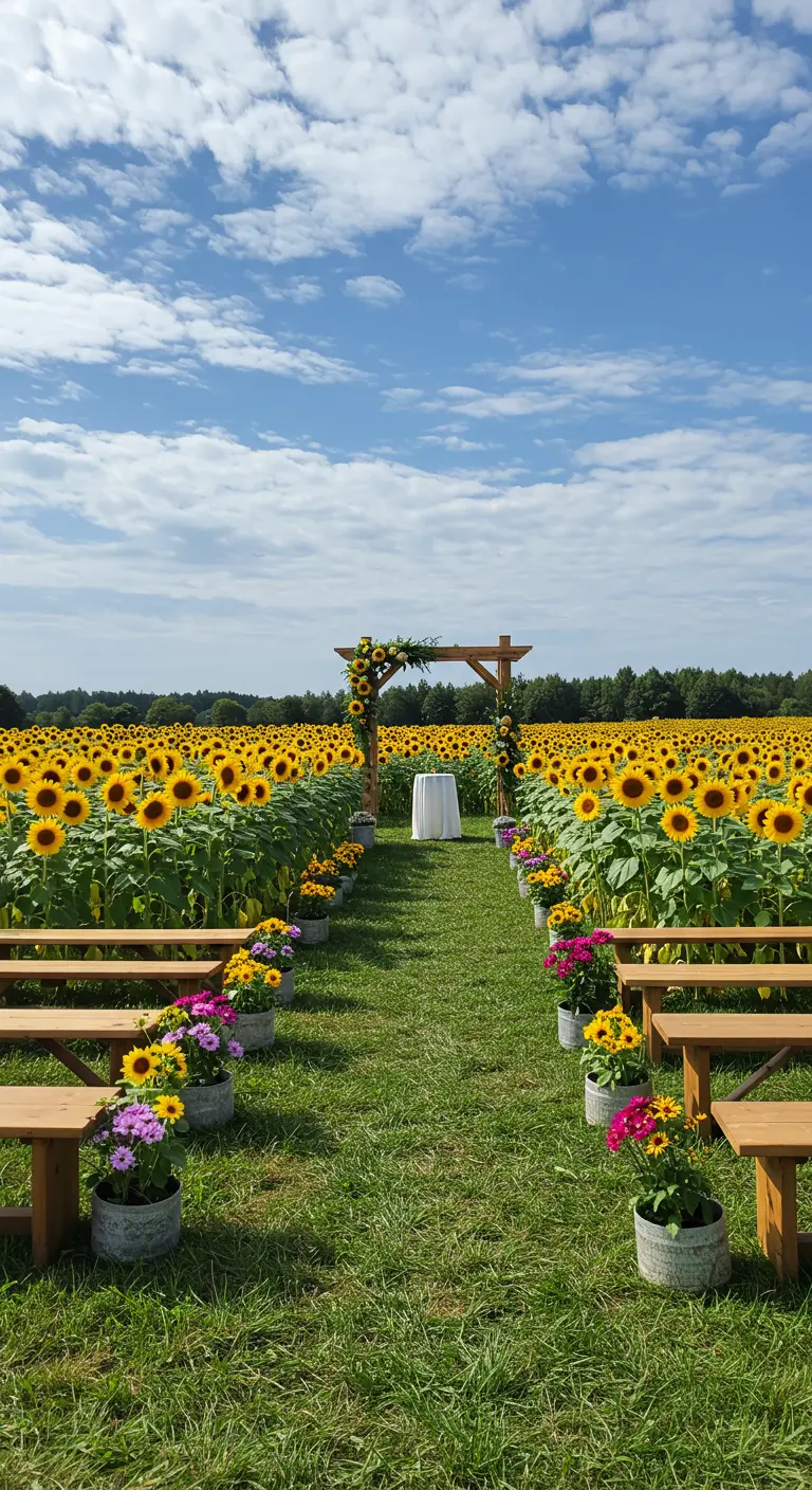 Trouwopstelling in een zonnebloemveld met een houten boog en potten met bloemen.