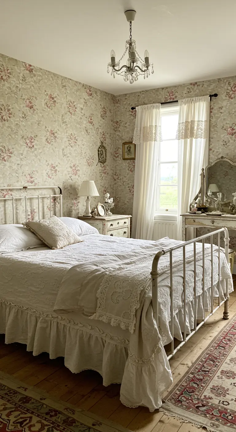 Lichte slaapkamer met zachtroze bloemenbehang, wit smeedijzeren bed en kanten gordijnen.